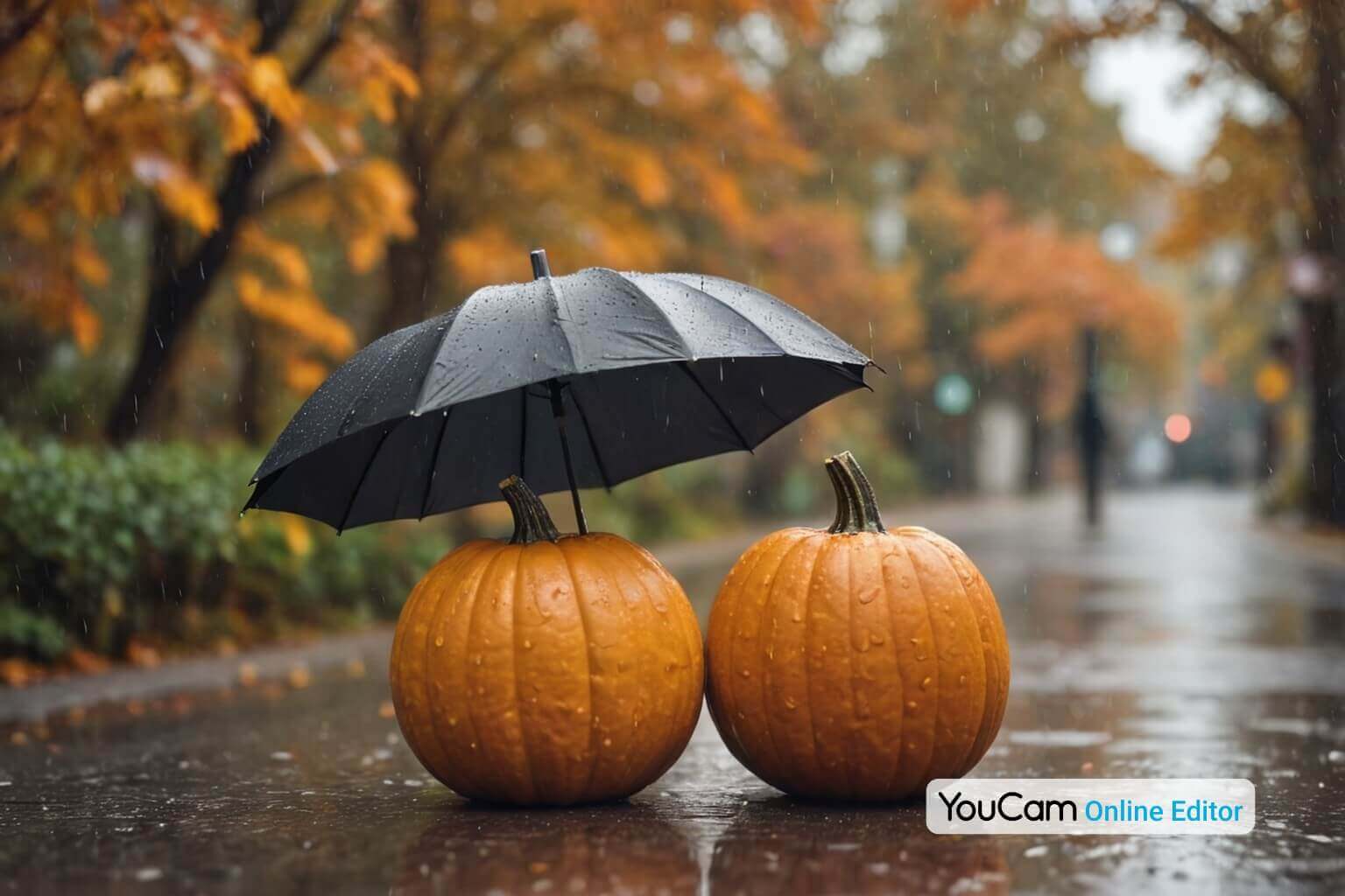 Zwei Kürbisse unter einem Regenschirm bei nassem Herbstwetter