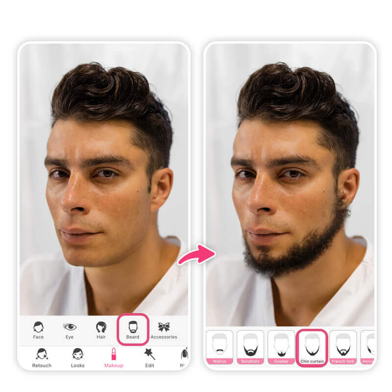 Homem testando filtro de barba completa no aplicativo YouCam Makeup, um simulador de barba.
