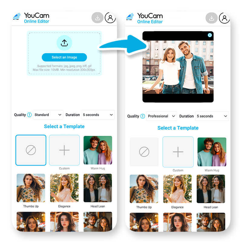 A couple's photo being uploaded to the YouCam AI Video Generator for the AI kiss filter.