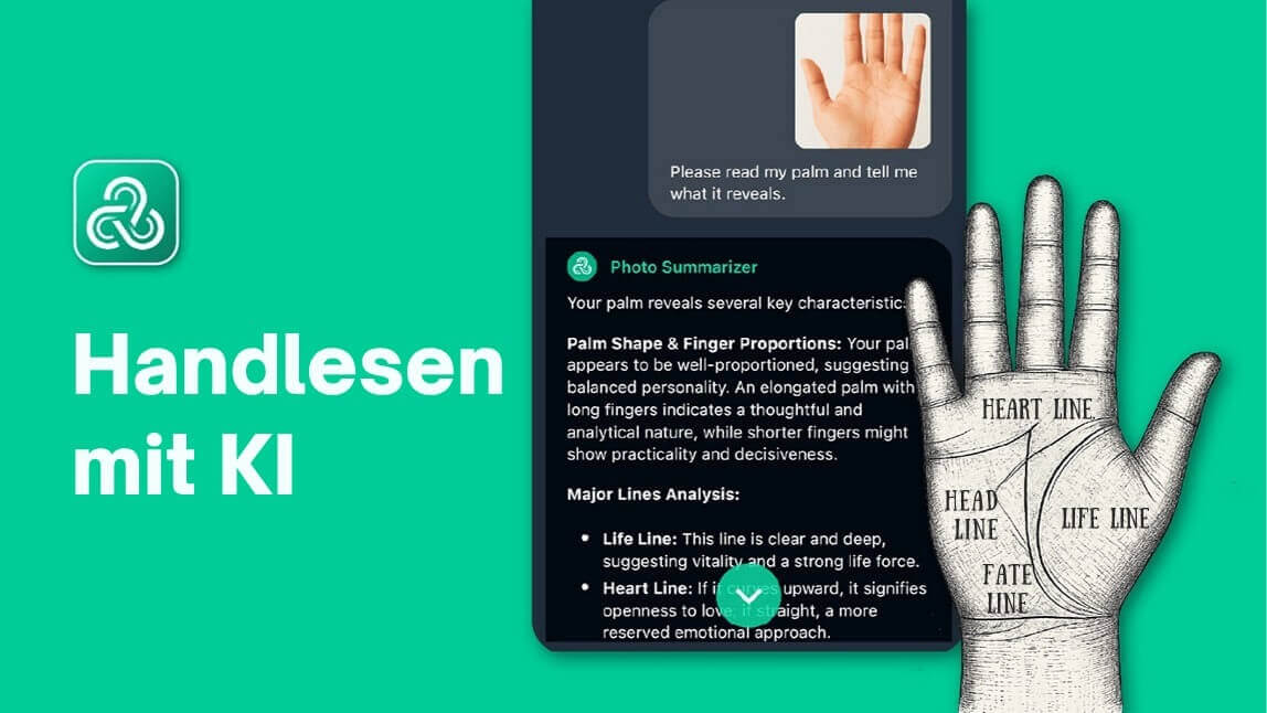 Bild zum Thema Handlesen mit KI, das die Benutzeroberfläche einer Handlesen-App bei der Analyse einer Handfläche zeigt, sowie eine gezeichnete Hand mit den wichtigsten Handlinien.