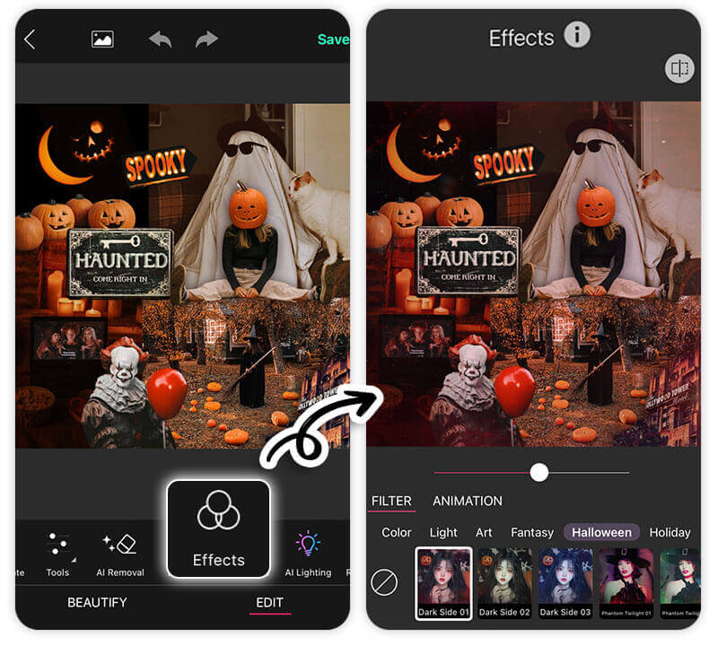 Eine ästhetische Halloween-Collage mit einer modernen Farbpalette, ideal als Handy-Hintergrundbild.