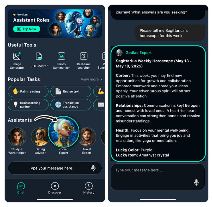 Zusätzliche Funktionen in der App, wie der Sternzeichen-Experte.
