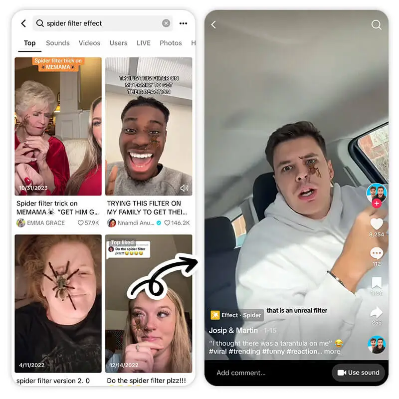 Spinnen-Filter auf TikTok Screenshot von Videos mit Spinnen-Filtern auf TikTok