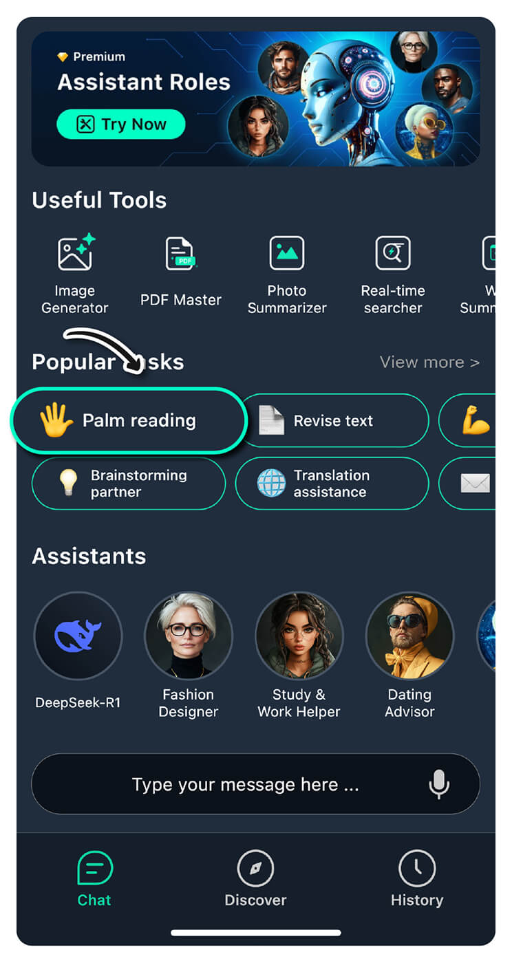 Screenshot der YouCam AI Chat App, der die Auswahl der 'Handlesen'-Funktion zeigt.