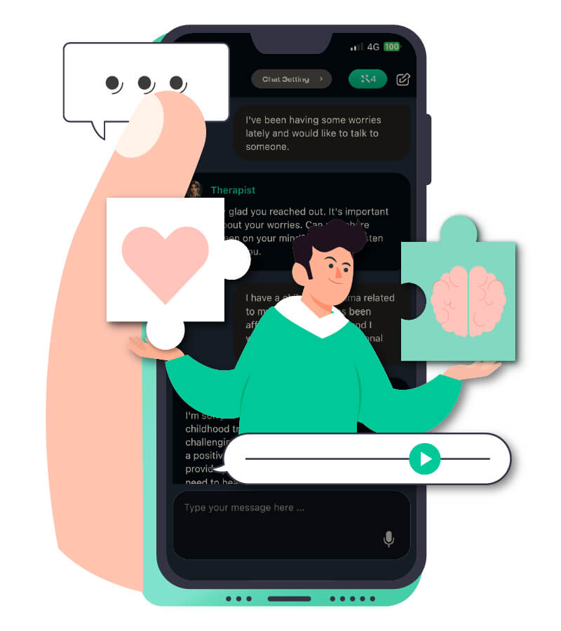 Demonstration des YouCam AI Chat Interfaces, das als kostenloser Therapie-Chat fungiert.