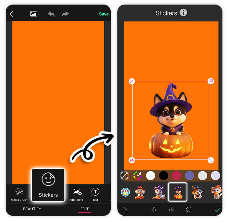 Beispiel einer Halloween-Collage, die mit niedlichen Halloween-Stickern verziert wurde.