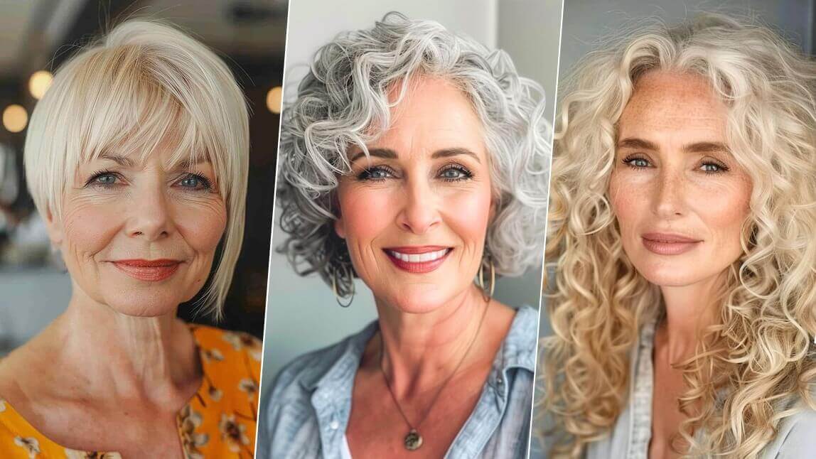 Collage mit drei modernen Frisuren für Frauen ab 60, die jünger machen: links ein kurzer, blonder Bob, in der Mitte ein lockiger grauer Bob und rechts lange, wellige blonde Haare.