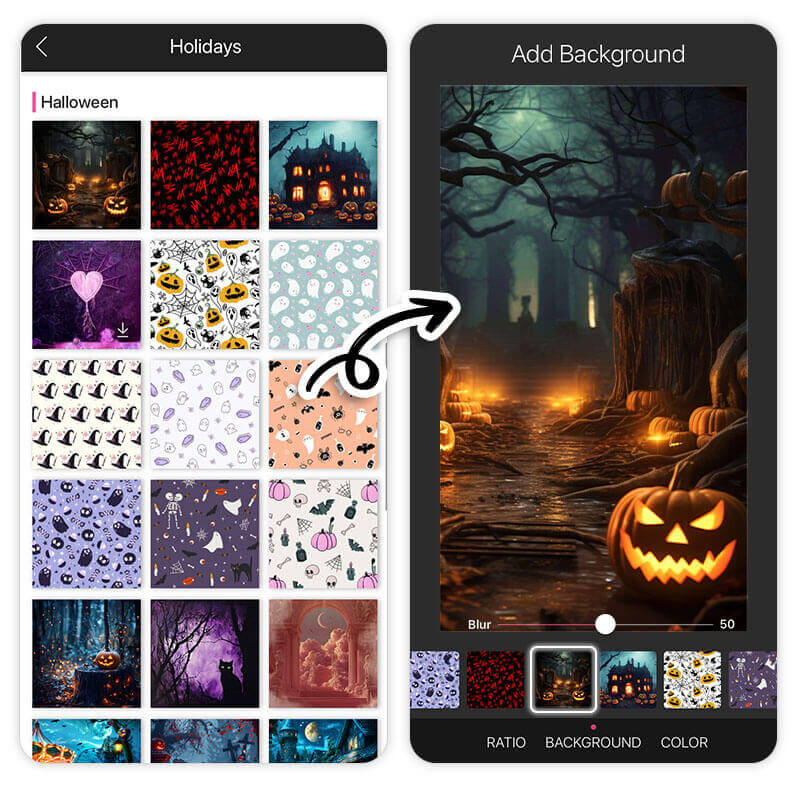 Eine Auswahl an verschiedenen Halloween-Hintergründen, die in der App verfügbar sind.
