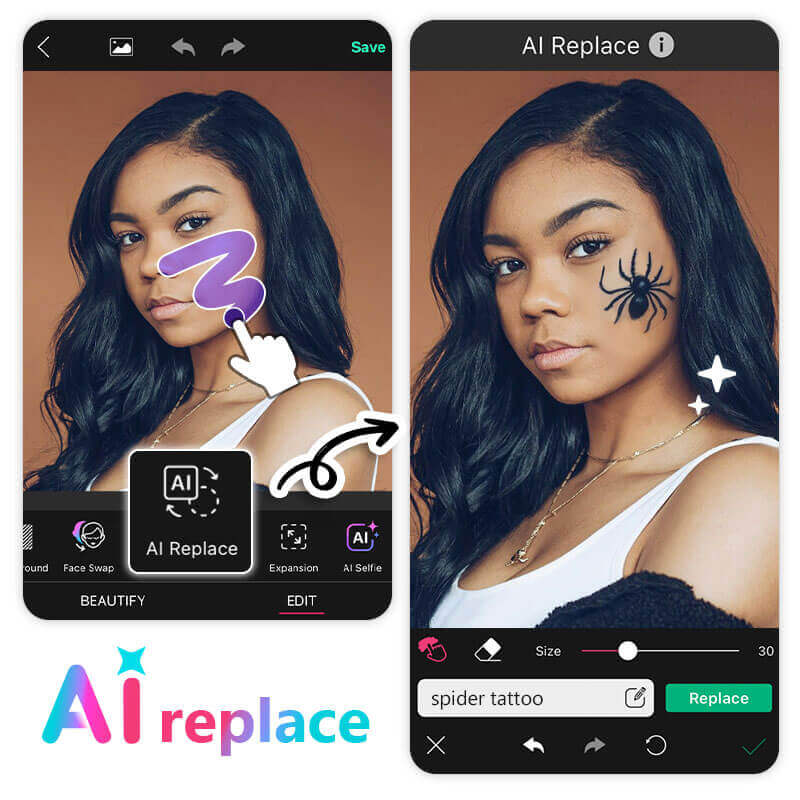 Scare your friends and family with a creepy spider tattoo that you can easily add to your photo with AI.