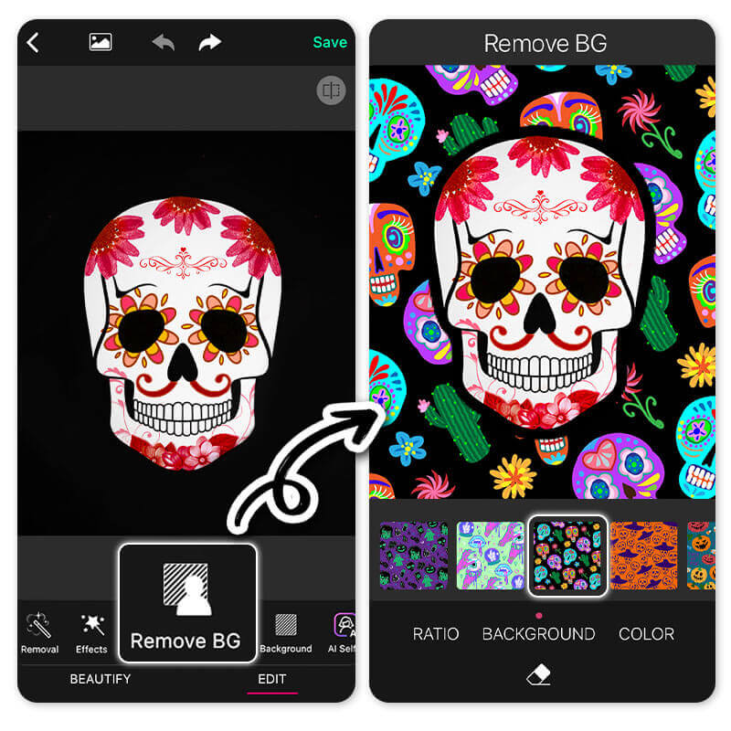 Remove and replace sugar skull photo background in app