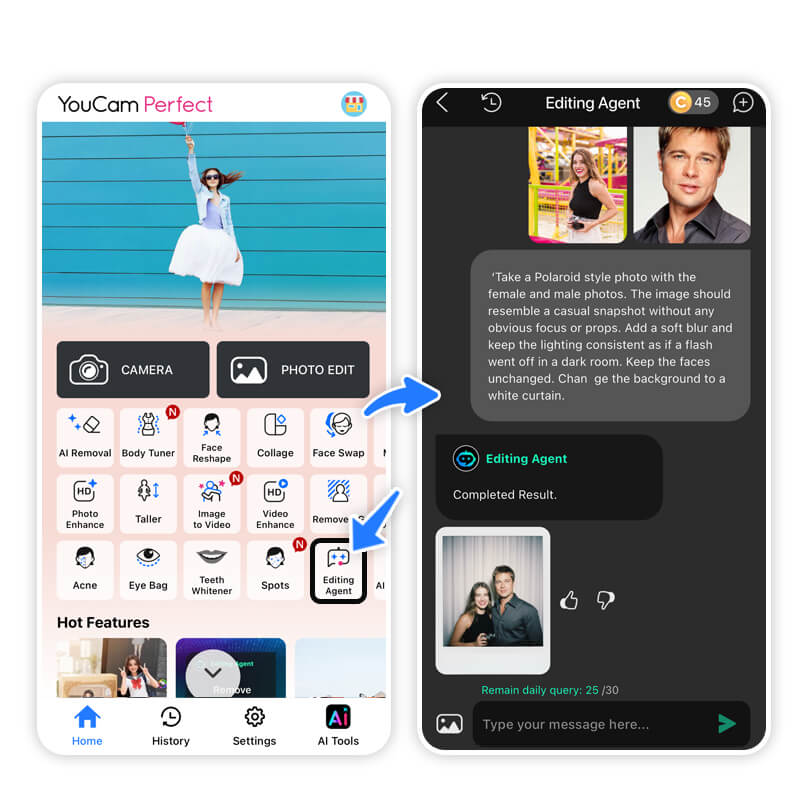 Create an AI polaroid photo with YouCam Perfect Editing Agent