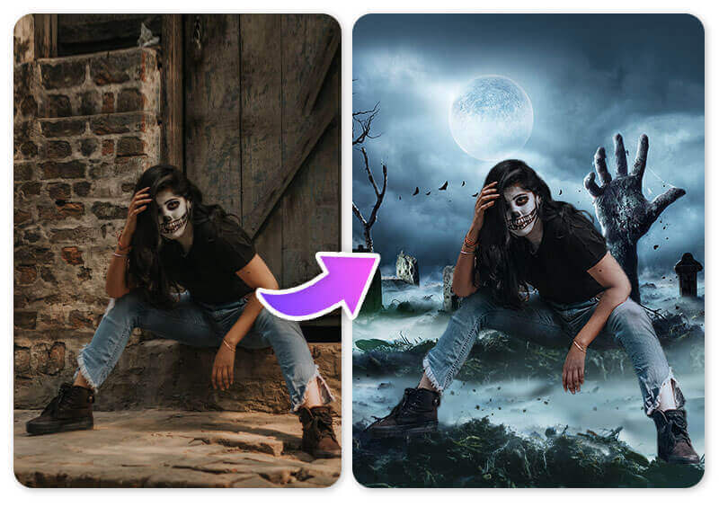 Cimetière et main de zombie : fond d'écran halloween qui fait peur, montage photo Halloween