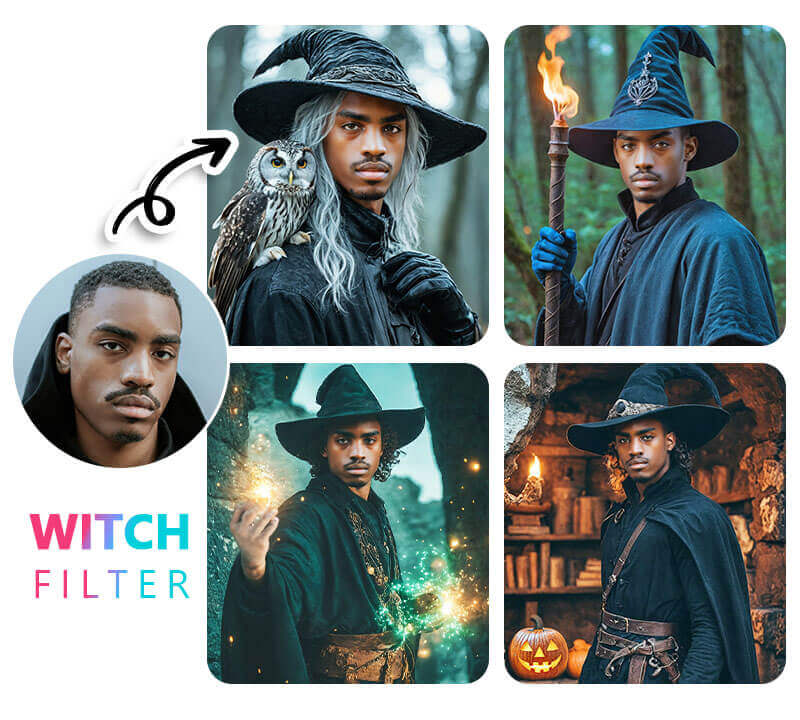 Essayez le filtre sorcier AI dans AI Studio pour des photos d'Halloween amusantes et impressionnantes.