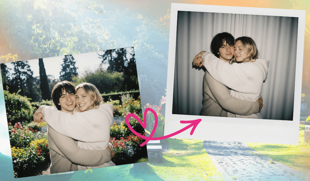 Foto Polaroid retro de un abrazo virtual famoso usando IA