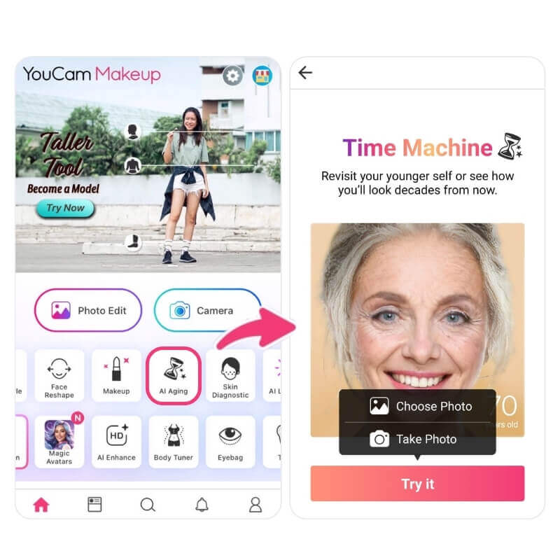 Use YouCam Makeup AI aging tool to see yourself aging