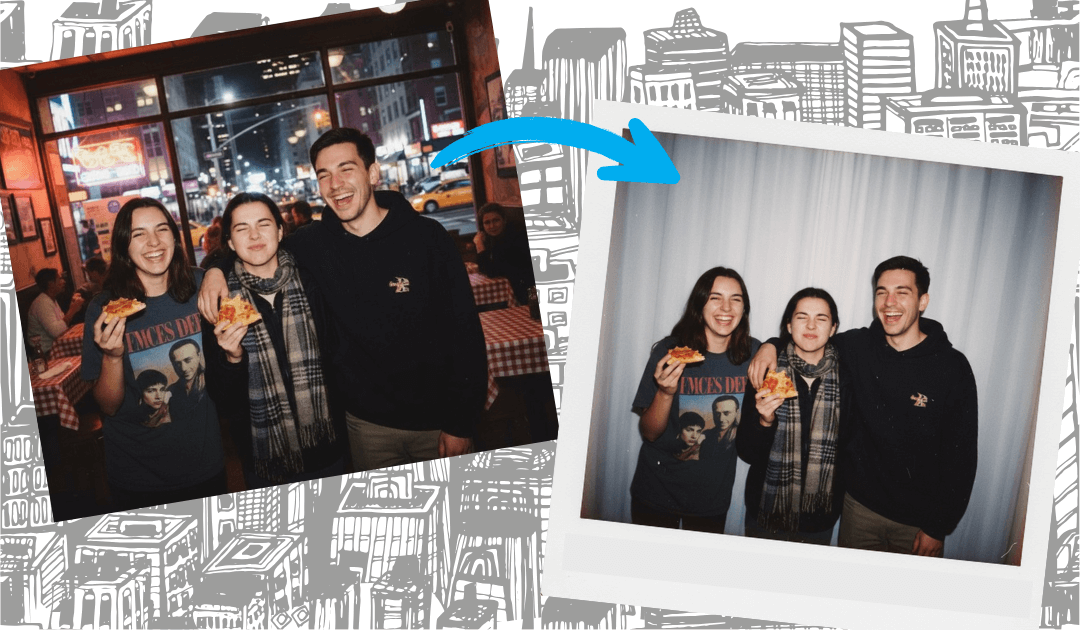 Retro-style Polaroid photo of friends hugging, AI-generated version