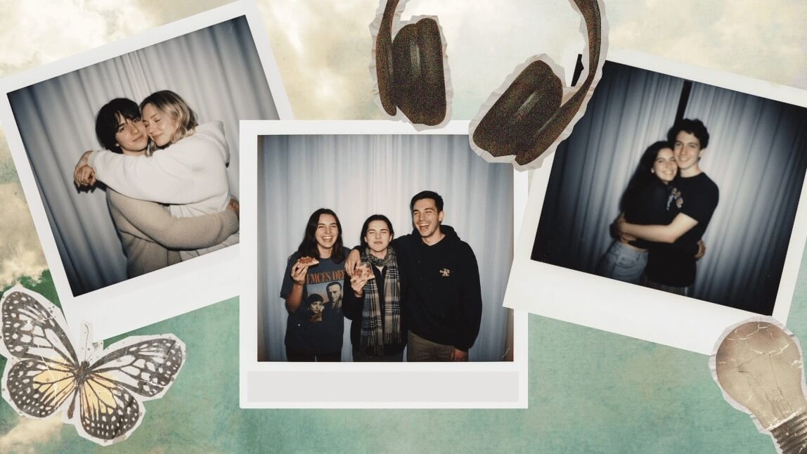 Eine nostalgische Collage im Scrapbook-Stil, die Polaroid-Fotos von umarmenden Paaren und lachenden Freunden zeigt.