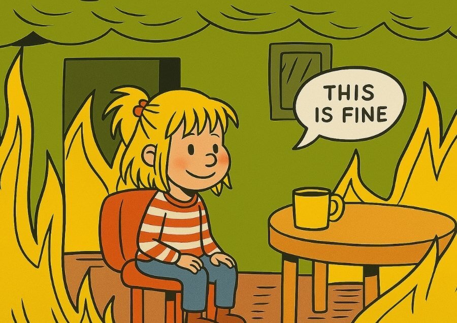 Conni-Meme: Mädchen mit blondem Pferdeschwanz sitzt ruhig im brennenden Raum, mit Sprechblase "This is fine" – im Kinderbuchstil gezeichnet.