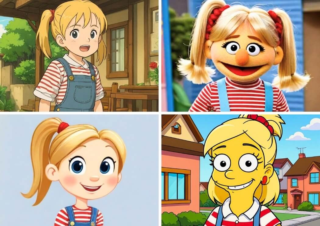 Conni-Meme: Vergleich verschiedener Varianten der bekannten Kinderbuchfigur "Conni" – dargestellt im Anime-Look, als Handpuppe, im Cartoon-Stil und als Simpsons-Charakter.