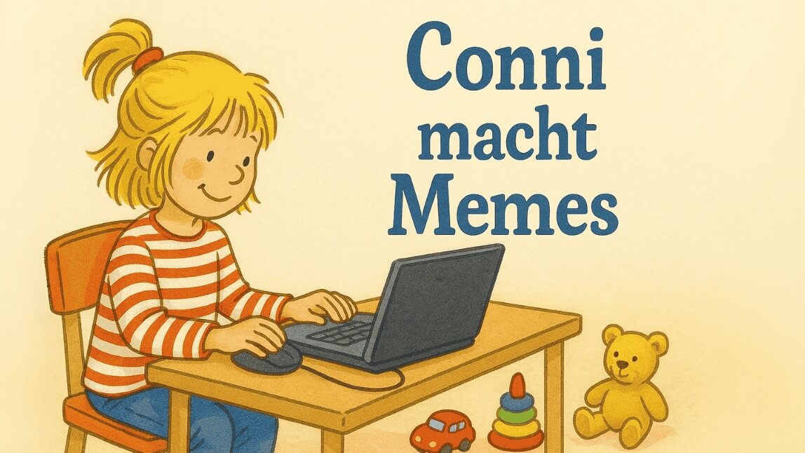 Mädchen mit blondem Pferdeschwanz sitzt am Laptop und erstellt Memes, umgeben von Spielzeug – Kinderbuchstil.