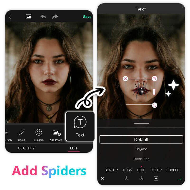 Ajouter un filtre araignée sur le visage aux photos est la meilleure manière d'égayer vos photos d'Halloween.