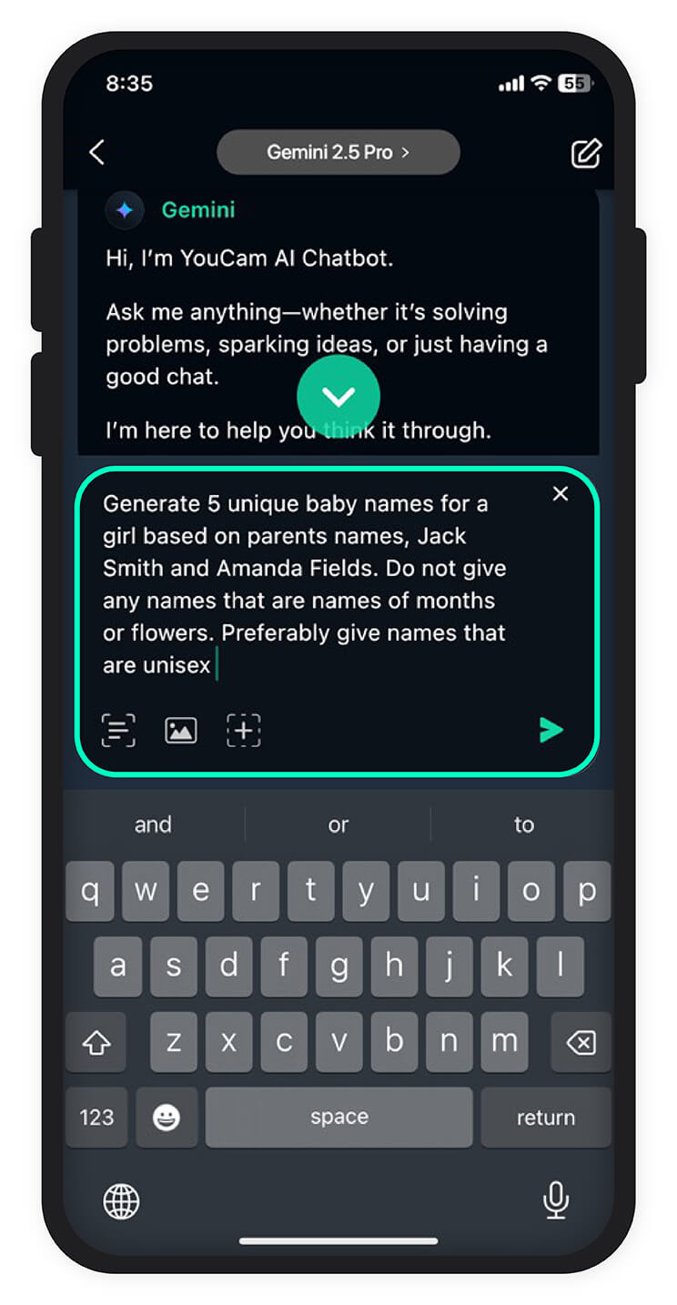 Type in a prompt to start generating baby names with AI baby name generator