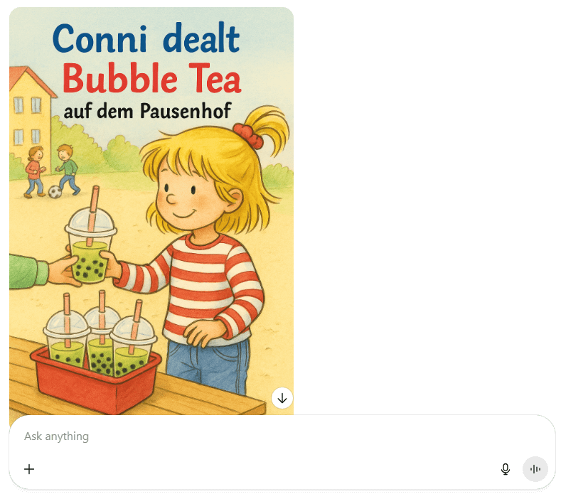 Mädchen mit Ringelshirt verteilt Bubble Tea an Mitschüler auf dem Schulhof – humorvolles Meme im Kinderbuchstil.