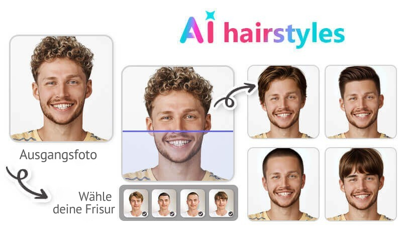 Infografik, die zeigt, wie die KI-Funktion "AI Hairstyles" funktioniert: Aus einem Ausgangsfoto werden verschiedene Frisuren-Optionen für Männer generiert.