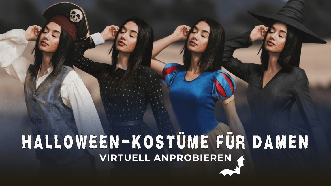 Collage einer Frau, die vier beliebte Halloween-Kostüme für Damen testet: Piratin, Hexe, Schneewittchen und ein Gothic-Outfit.