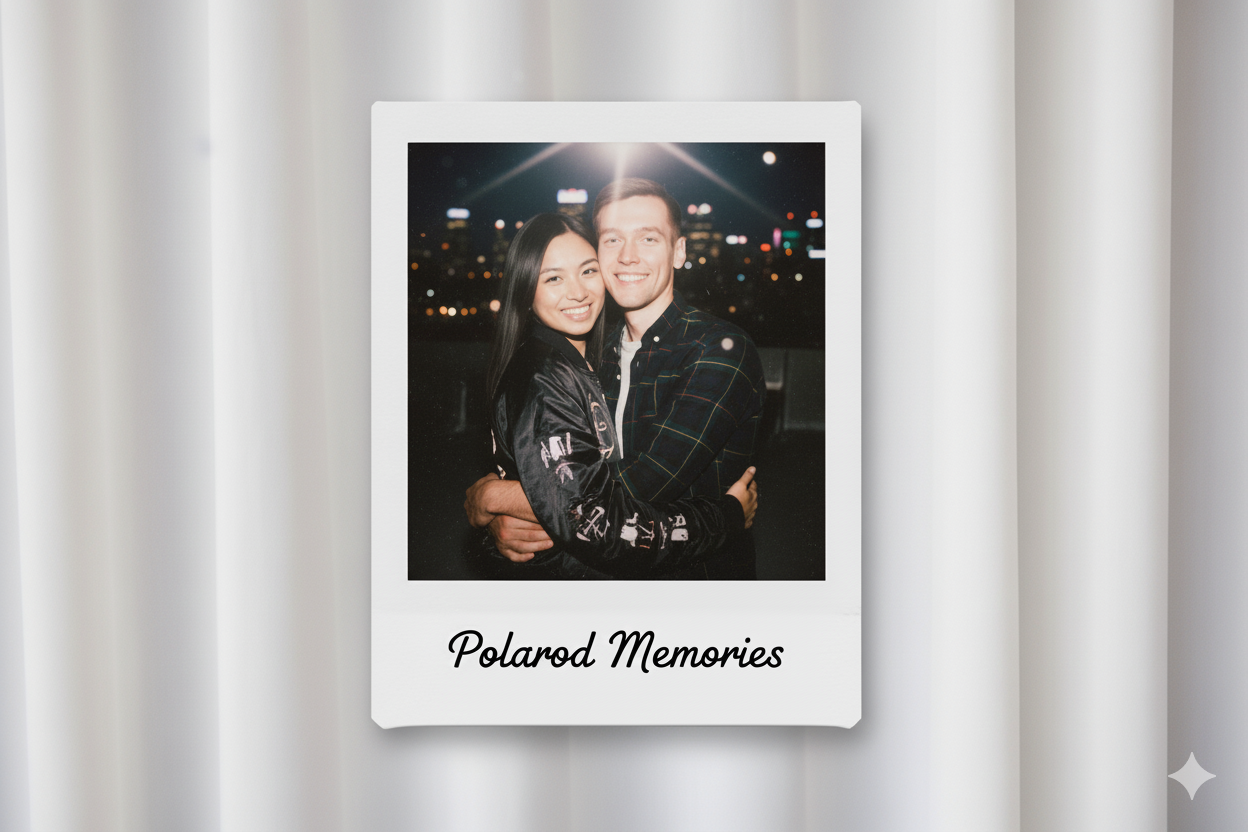 AI Polaroid of couple standing in front of night view