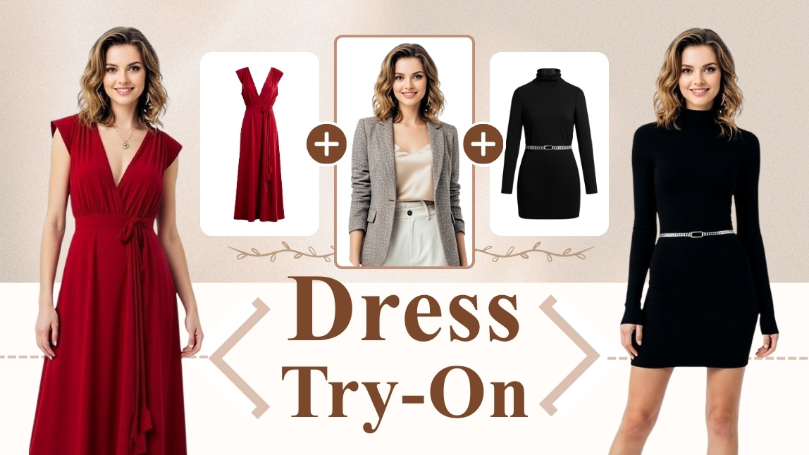 Side-by-side before and after example of AI dress try-on.