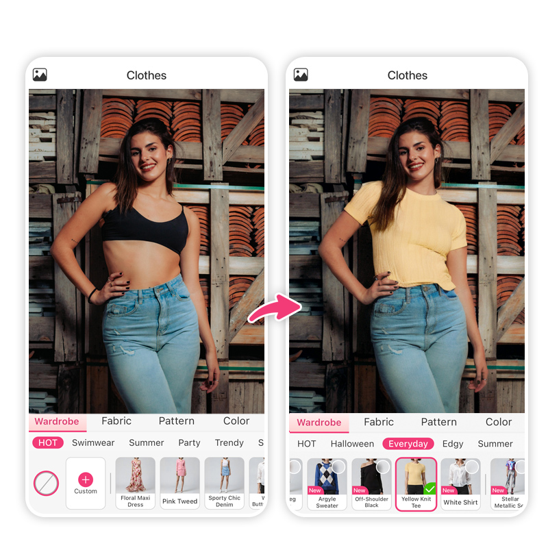 Try dozens of trendy millennial fashion looks using AI Clothes try on tool.