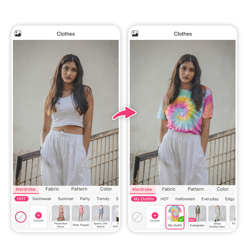 Try on tie-dye clothes in real time with YouCam Makeup app.