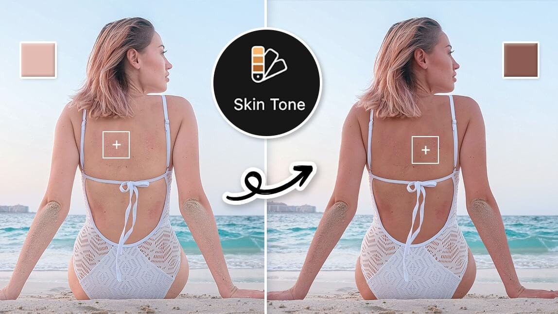 Mulher na praia, mostrando o antes e depois da aplicação do filtro "Tom de Pele" para obter um efeito bronzeado na pele.