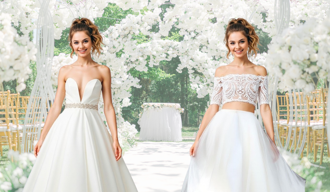 Virtual try-on comparison between classic and modern gowns.