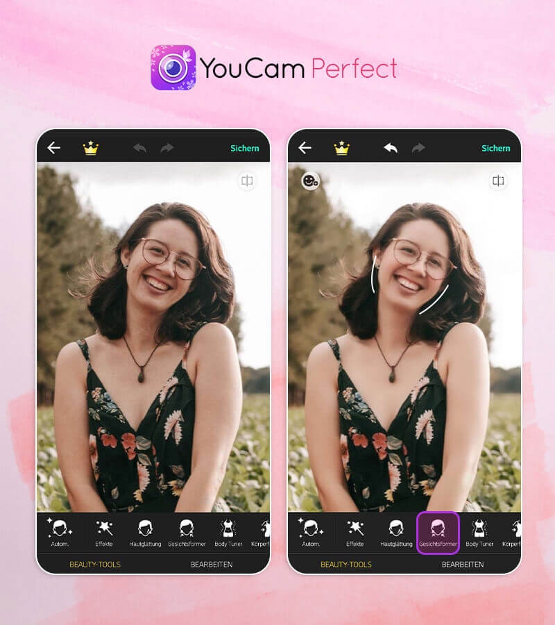 Eine Frau nutzt die YouCam Perfect App zur natürlichen Gesichtsbearbeitung.