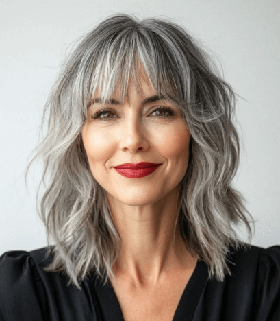 Coiffure femme 60 ans : Mi-long ondulé effilé avec frange