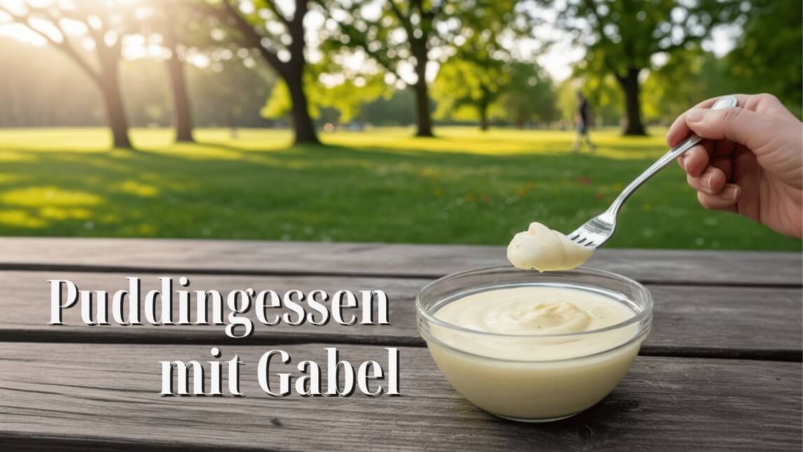 Pudding wird mit einer Gabel gegessen, im Hintergrund ein Park.