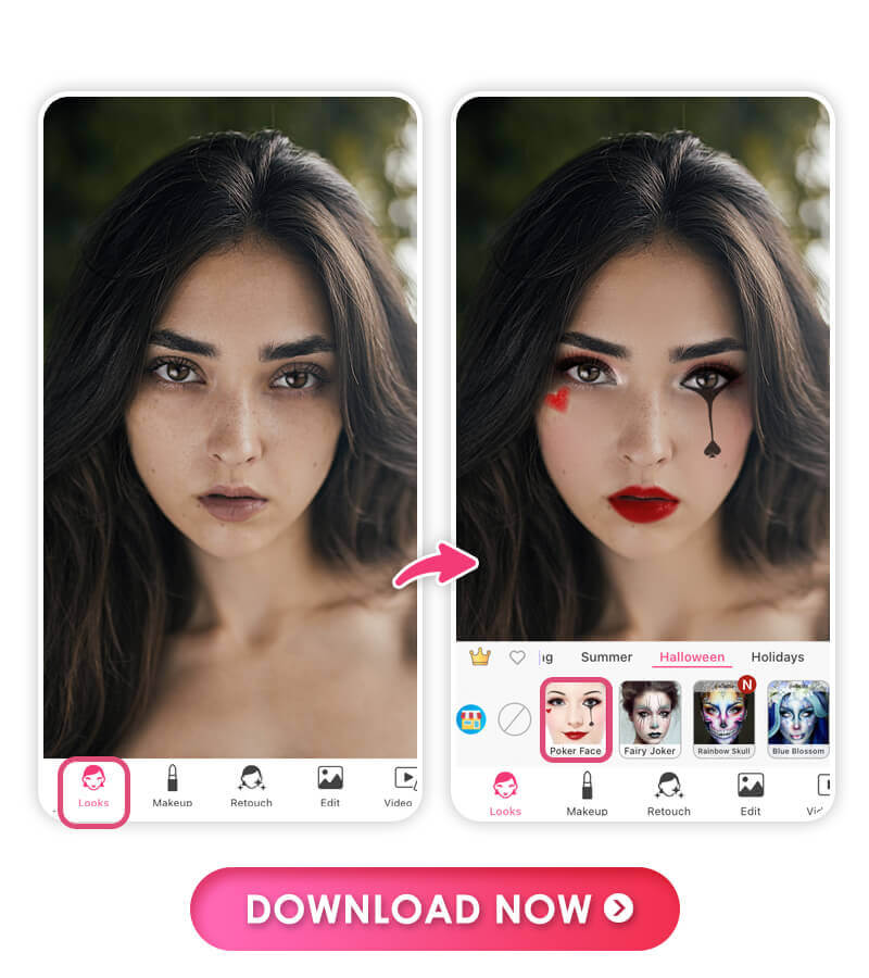 Cute Poker Halloween Clown Makeup Look | Free Halloween Makeup Filter App