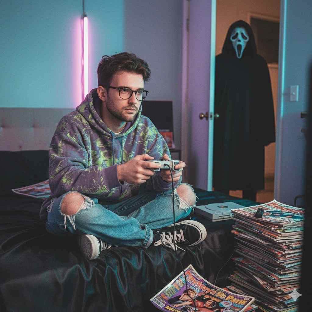 Variação de prompt para a trend de IA do Ghostface com vibe gamer