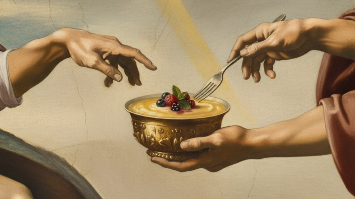 "Pudding mit Gabel" im Stil von "Die Erschaffung von Adam"