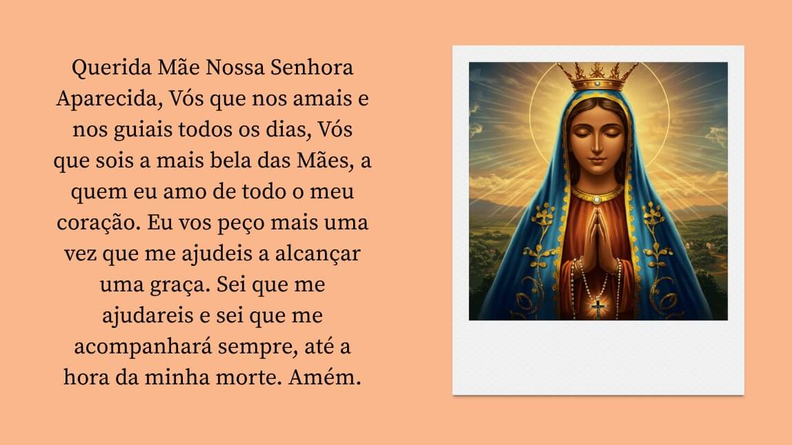 Card com a oração para pedir uma graça a Nossa Senhora Aparecida e uma imagem da santa.