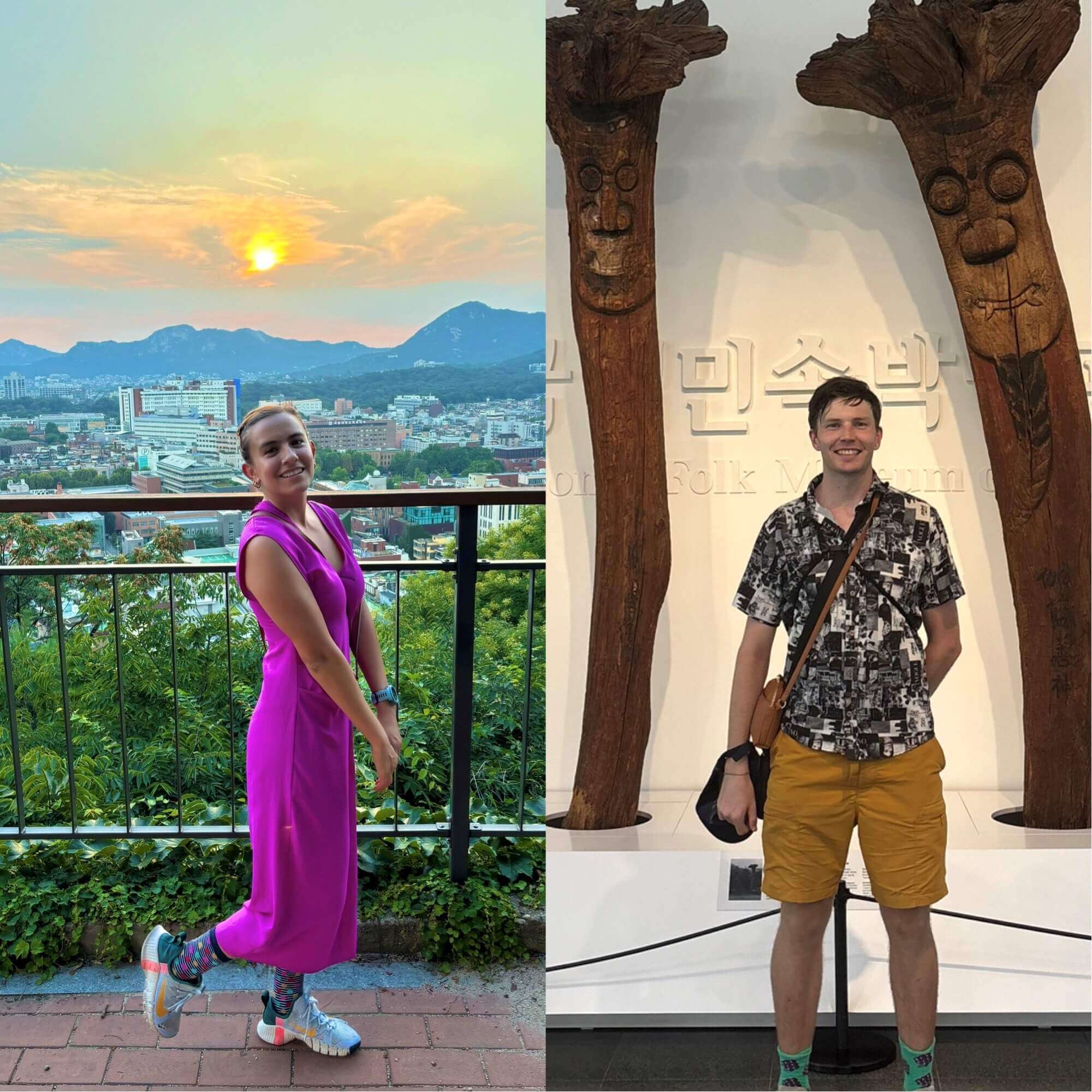 Zwei Bilder in einem. Links ist eine Frau, rechts ist ein Mann