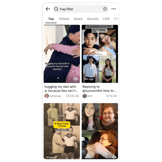screenshot von ai hug videos auf tiktok