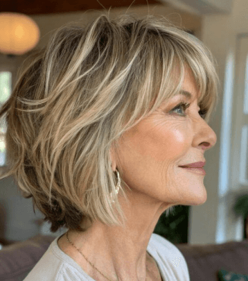 Coiffure femme 60 ans : Carré effilé dégradé avec frange