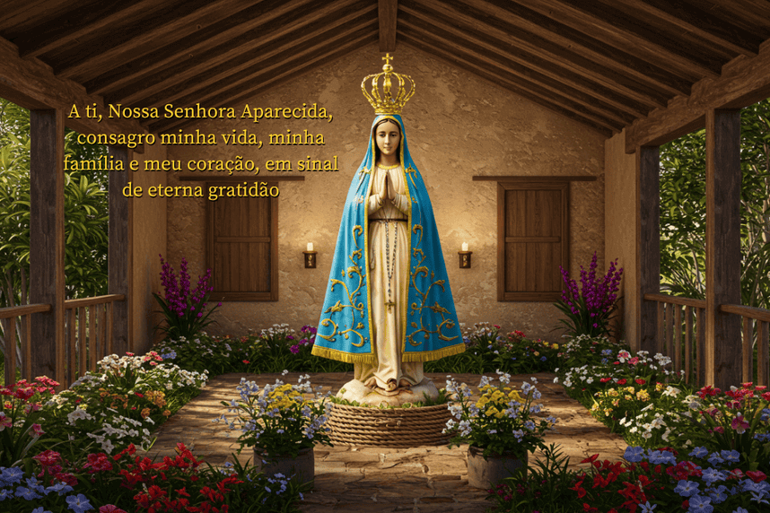 Estátua de Nossa Senhora Aparecida em um altar florido com a frase de consagração: "A ti, Nossa Senhora Aparecida, consagro minha vida, minha família e meu coração, em sinal de eterna gratidão".