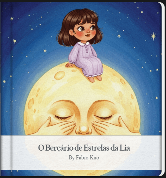Capa do livro infantil criada com Gemini Storybook 'O Berçário de Estrelas da Lia', com uma ilustração de uma menina de pijama sentada numa lua grande e sorridente, contra um céu noturno estrelado.