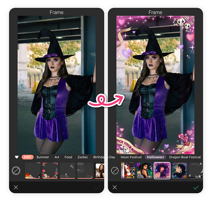 Füge Halloween-Sticker, Text und Rahmen hinzu Ein Halloween-Foto, das mit Stickern und Rahmen in YouCam Perfect verziert wurde.