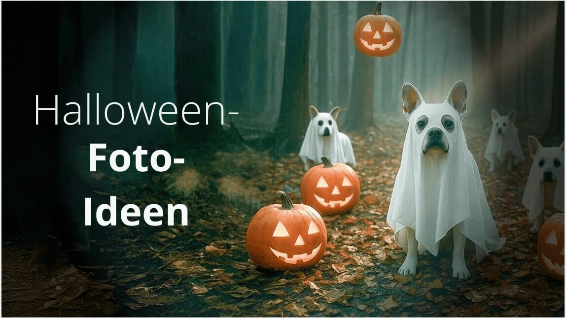 Lustige Halloween-Foto-Idee: Als Geister verkleidete Hunde mit Kürbissen im Wald.