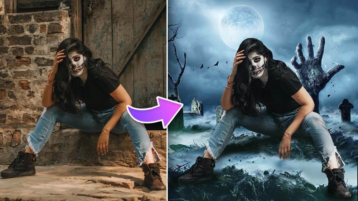 Añade fondos de Halloween a tus fotos con una app para editar fondos de fotos. Tenemos muchas opciones desde bosque nubloso, castillo embrujado, manos de zombi.